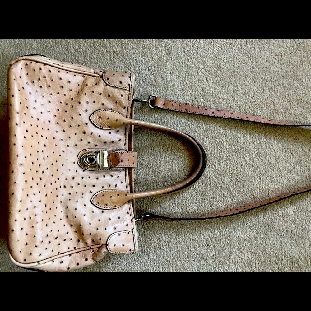 Ostrich bag with handles and shoulder strap.